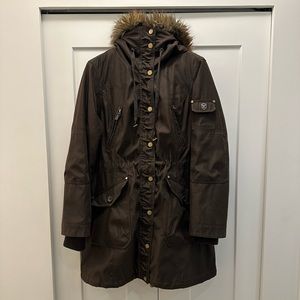 Soft dark brown coat with detachable faux fur hood